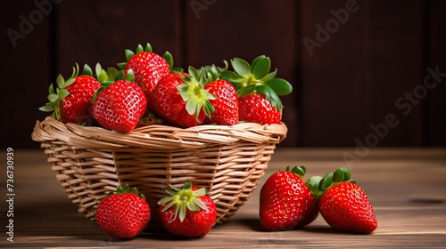 fresh red sweet strawberries in a wicker basket on a wooden table