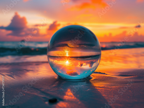 Crystal lens ball captures colorful sunrise at beach, creating mesmerizing reflection for visually stunning wallpaper.