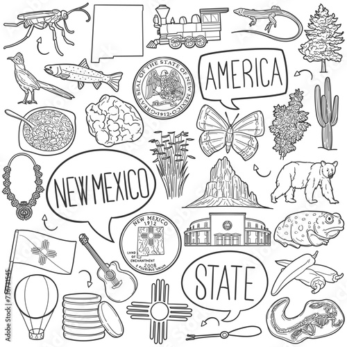 New Mexico Doodle Icons Black and White Line Art. USA State Clipart Hand Drawn Symbol Design.