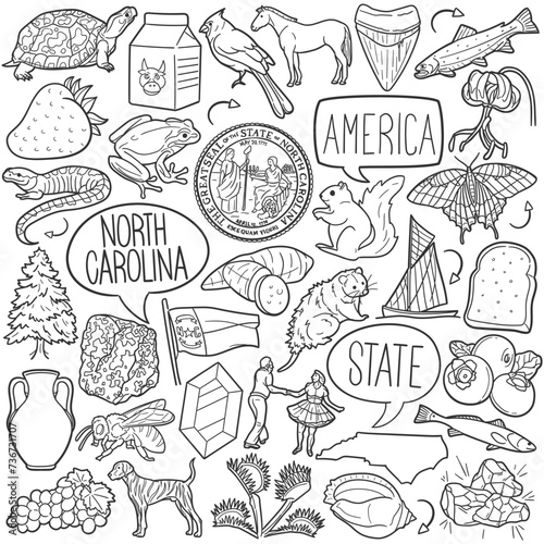 North Carolina Doodle Icons Black and White Line Art. USA State Clipart Hand Drawn Symbol Design.