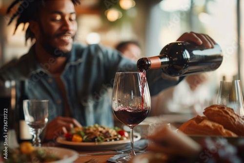 A smiling man enjoys pouring red wine into a glass at a vibrant restaurant setting with food and company