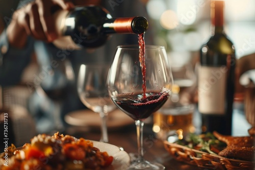 Close-up of red wine cascading from bottle into glass, surrounded by a warm, inviting dining scene