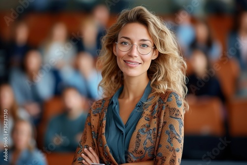 Wallpaper Mural An attractive woman with curly hair and glasses stands in a conference hall filled with attendees Torontodigital.ca