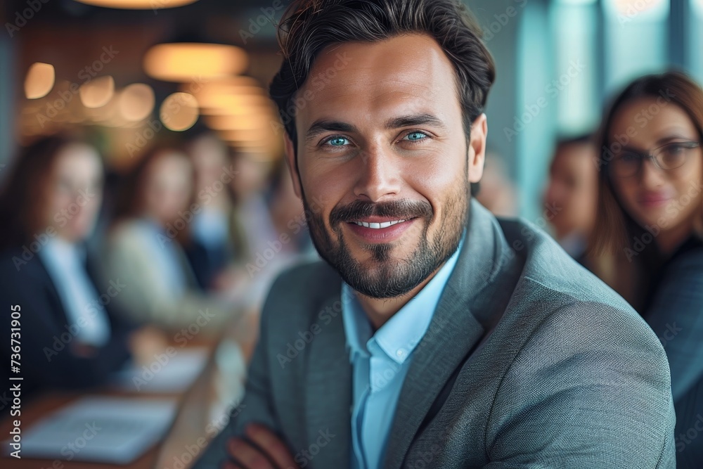 Attractive male professional at a meeting with coworkers in background