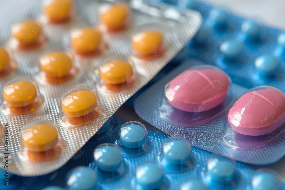 Close-up image of various medication pills in blister packs, emphasizing the pharmaceutical industry's diversity
