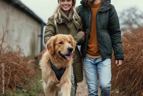 An affectionate couple enjoying a leisurely walk with their golden retriever on a path surrounded by fall foliage