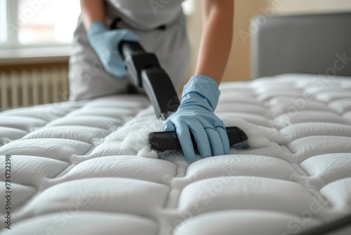 Detailed image of housekeeping staff cleaning a mattress using a vacuum cleaner to ensure hygiene photo