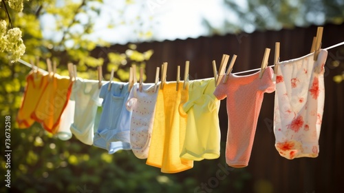 Children s T-shirts drying outside. Neural network AI generated art