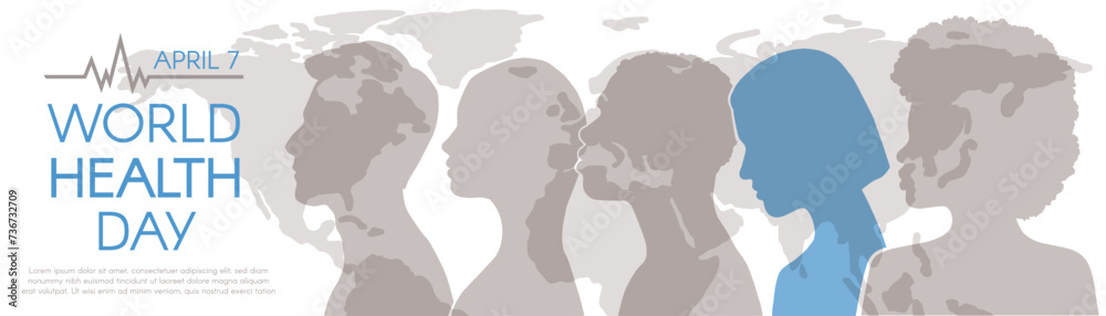 World Health Day. Horizontal banner with Diverse people and map, with space for text. Vector flat illustration