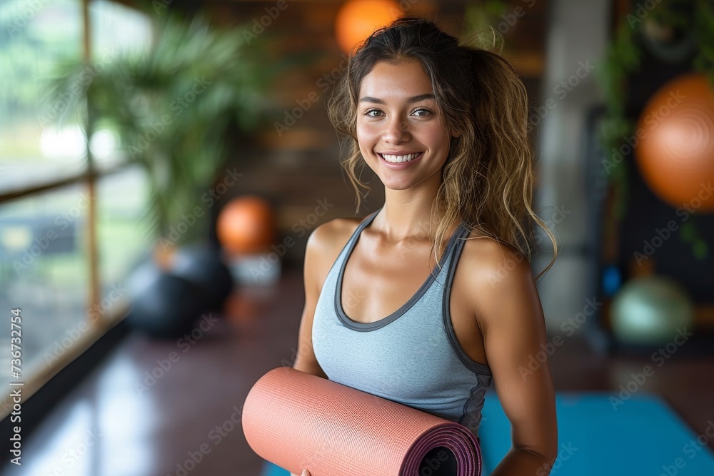 Cheerful young woman with curly hair carrying an orange yoga mat in a bright gym setting Cheerful young woman with curly hair carrying an orange yoga mat in a bright gym setting