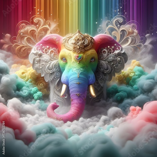 Rainbow elephant surrounded by lacey fog. 