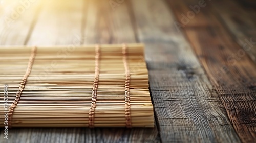 Zen-inspired bamboo mat resting on an aged wooden table conveying simplicity