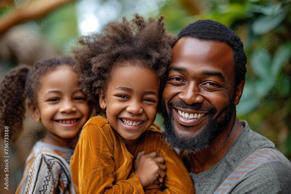 A charming photo of a father hugging his two children, all with bright smiles