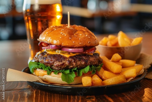 Delicious cheeseburger with fresh toppings and a side of crispy fries served in a contemporary eatery