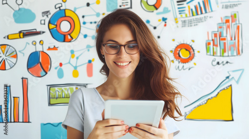 A close-up of a happy and smiling Latino woman wearing glasses and casual clothes is holding a tablet on a white background with colorful doodle graphic icons of a business plan.