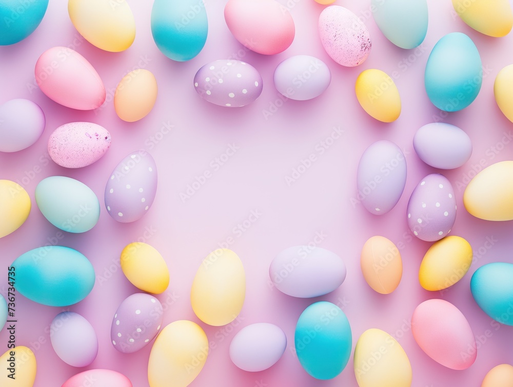 Fundo fotográfico de páscoa com ovos coloridos e paleta em tons pasteis.