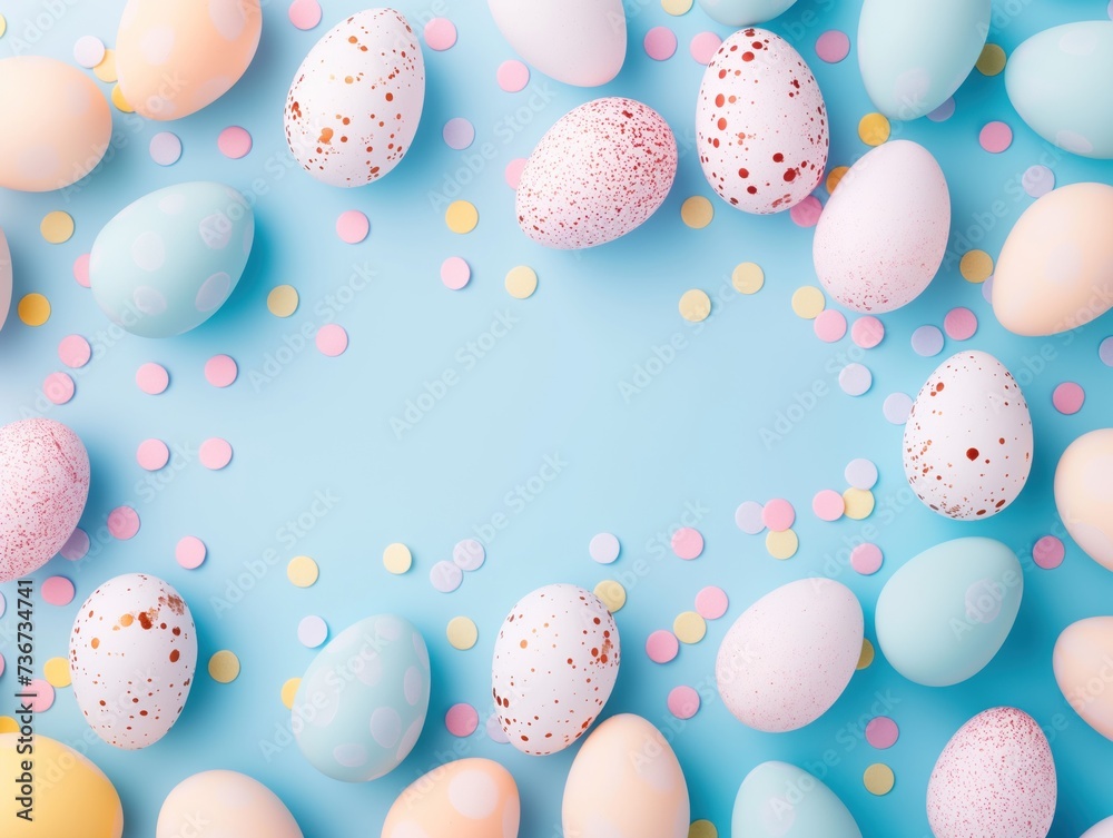 Fundo fotográfico de páscoa com ovos coloridos e paleta em tons pasteis.