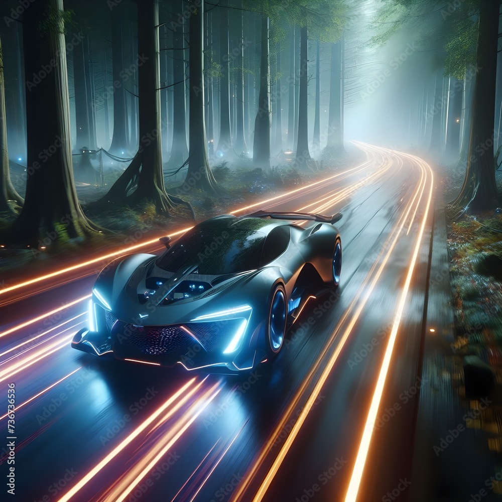 Image of a luxury car speeding through a dense forest flare.