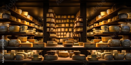 Cheese production cheese heads on the shelves in large quantities  photo