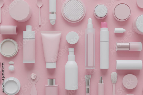 Top view flat lay Various cosmetics products on pink background