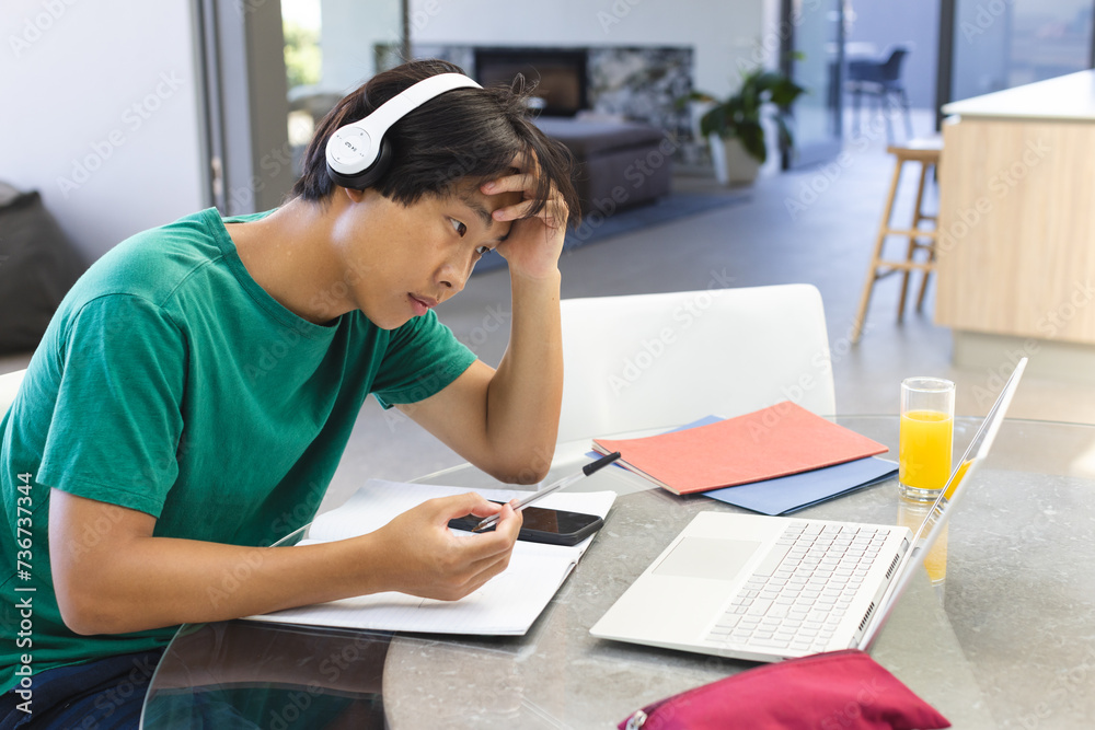 Teenage Asian boy studying intently at home, with copy space Teenage Asian boy studying intently at home, with copy space