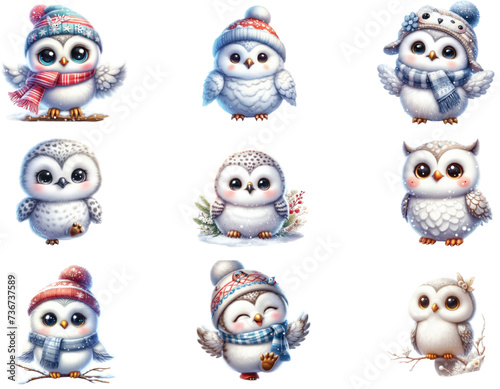 Watercolor Adorable Snowy Owls Clipart © CraftStoreLab