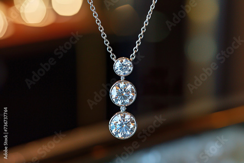 Three Stone Diamond Necklace in jewelry store, closeup photo