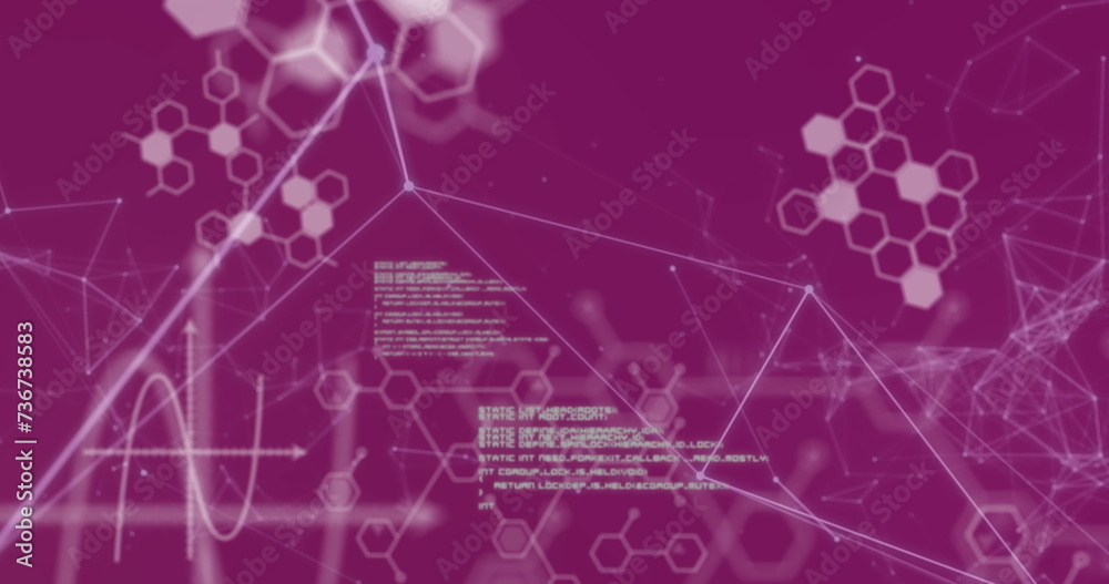 Digital image of molecular structures and network of connections against pink background Digital image of molecular structures and network of connections against pink background