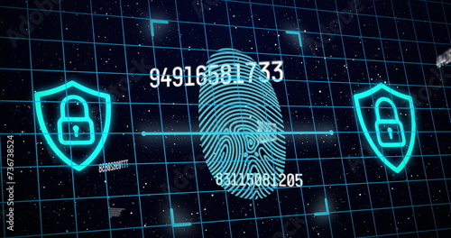 Image of numbers changing with glowing blue fingerprint with grid in the background