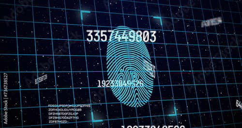 Image of numbers changing with glowing blue fingerprint with grid in the background