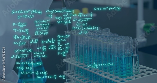 Image of scientific data processing over test tubes in laboratory