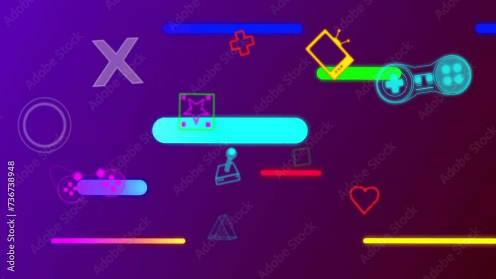 Animation of colourful capsule shapes over video game controllers and icons on purple Animation of colourful capsule shapes over video game controllers and icons on purple