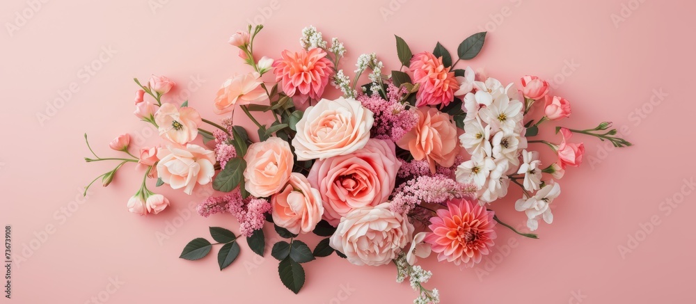Floral arrangement of lovely flowers in a pastel pink wall's vicinity.