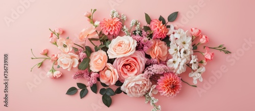 Floral arrangement of lovely flowers in a pastel pink wall's vicinity. © 2rogan