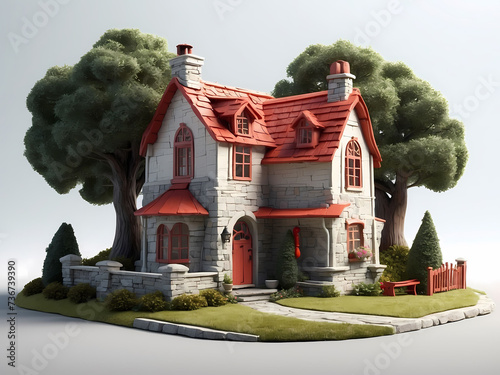 3D miniature model of a classic house with trees and grass on white background.