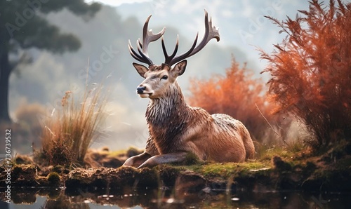 photo beautiful deer relaxing in the valley on a foggy day