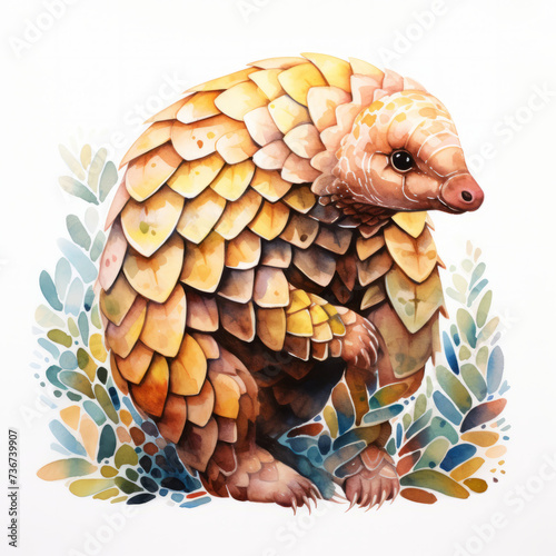 Endangered animal, watercolor illustration of a pangolin photo