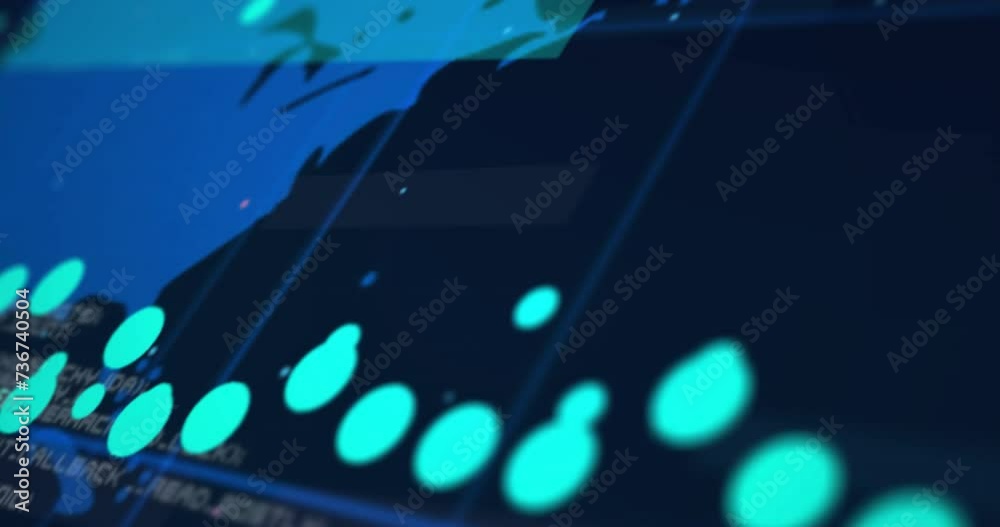 Animation of world map with data processing over dark background