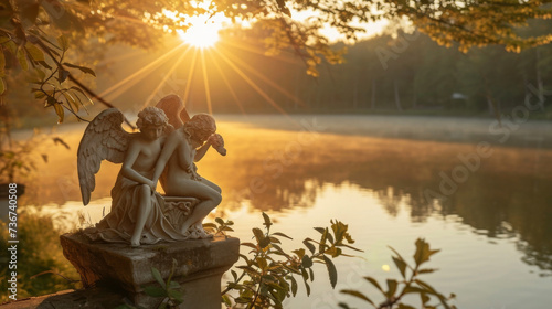 The sun sets over a peaceful lake the warm hues reflecting off the graceful figures of two angels perched on a nearby tree branch.