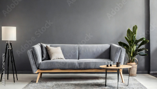 A stylish room with a sofa. One room. Living alone. photo