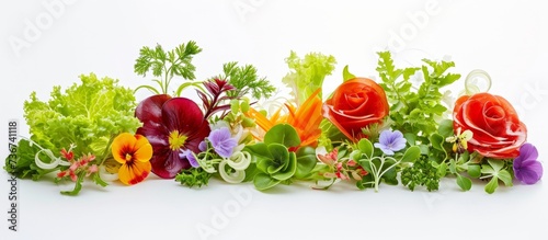 a row of vegetables and flowers on a white background . High quality © 2rogan