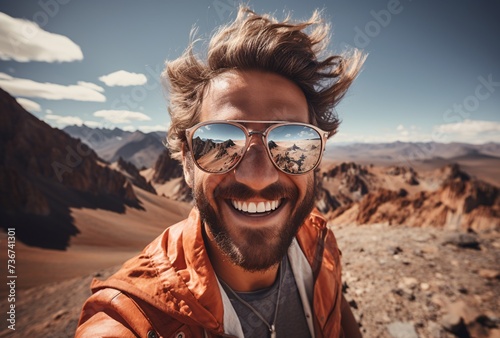 a man taking a selfie in the mountains