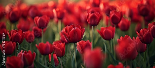 A vibrant field of red tulips  a flowering plant  standing out in the natural landscape of grass and groundcover