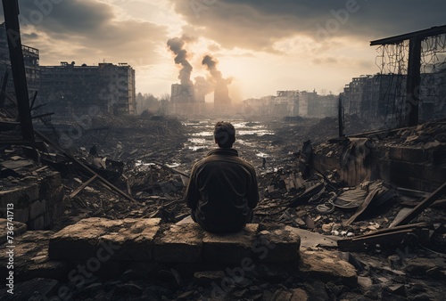 a man sitting on a wall looking at a destroyed city photo