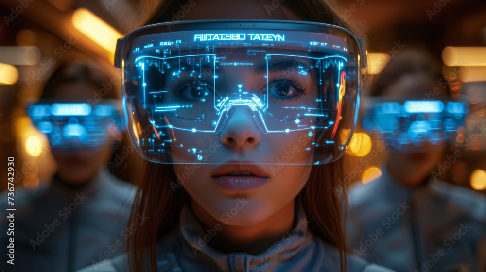 A team of financial analysts collaborates around a large table each wearing AR glasses that project a holographic image of a financial report. The team is able to manipulate