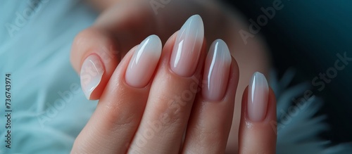 A close up of a womans hands with long nails showcasing her manicured nails in electric blue, emphasizing the importance of nail care and beauty services