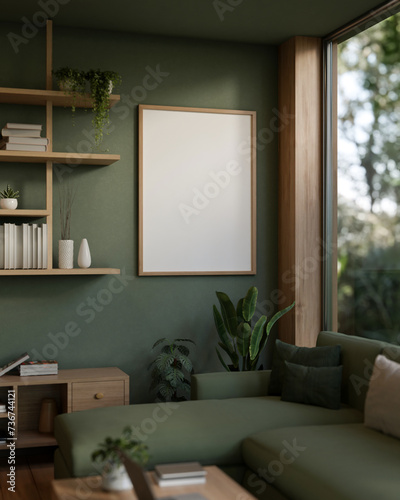 A modern living room in green color features a cozy green sofa and a frame mockup on a green wall.