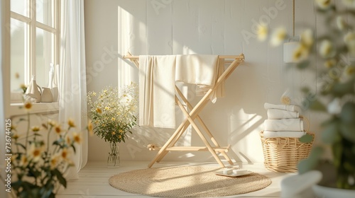 Sunlit Laundry Room with Freshly Washed Towels Draped on a Wooden Drying Rack