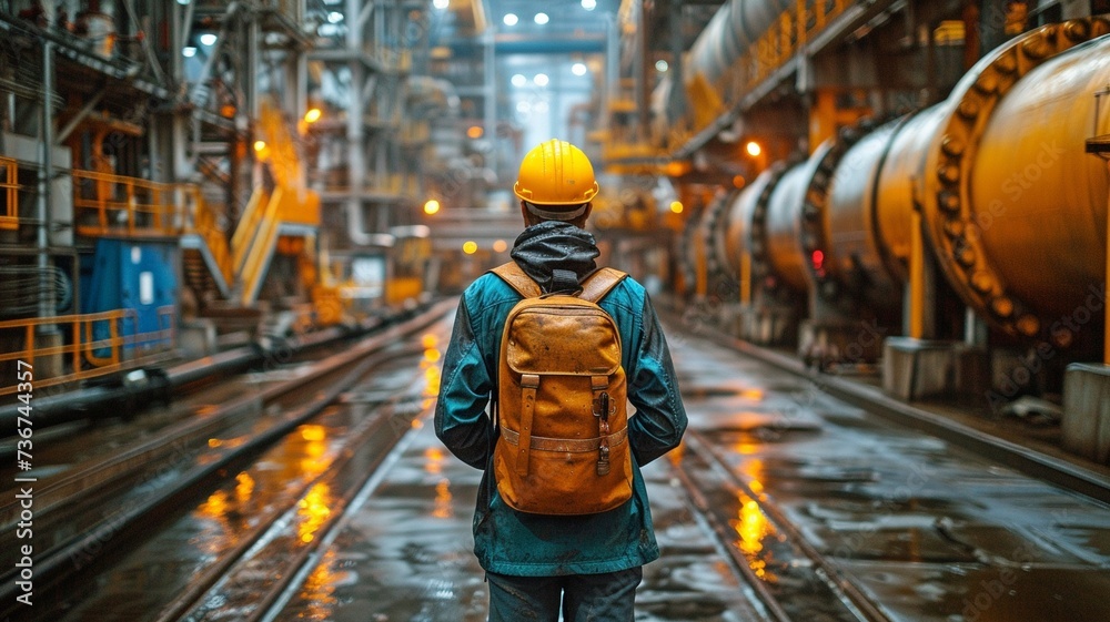 A look into the daily routine of a working guy may be seen in the back view of a male employee standing at a factory. A look into the daily routine of a working guy may be seen in the back view of a male employee standing at a factory.