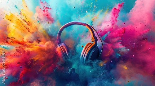 World music day banner with headphones on abstract colorful dust background. Music day event and musical instruments colorful design photo